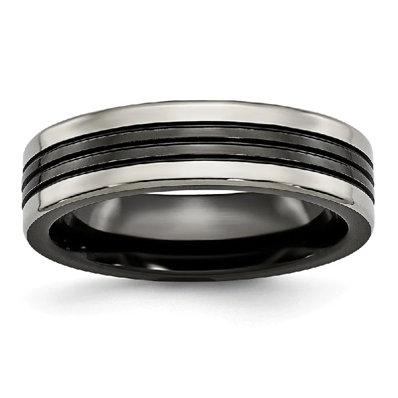 Ladies rings cubist style designs-6mm Grooved and Polished Flat Band in Two-Tone Titanium