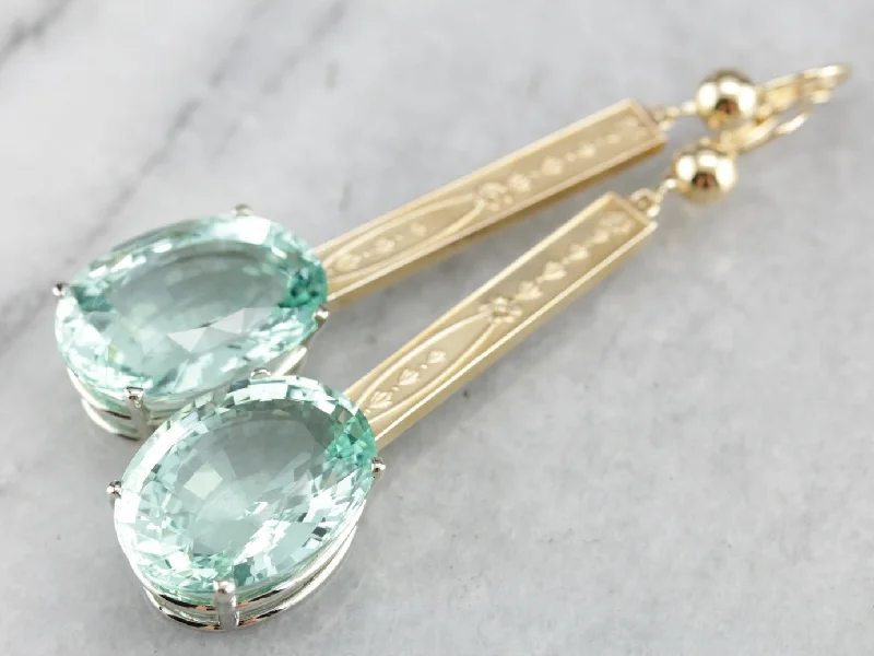 Ladies earrings curved edge designs-Green Aquamarine Drop Earrings