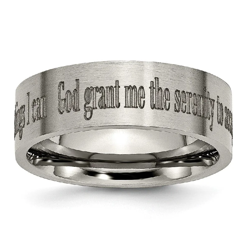 Ladies rings white gold styles-8mm Titanium Brushed Serenity Prayer Flat Standard Fit Band