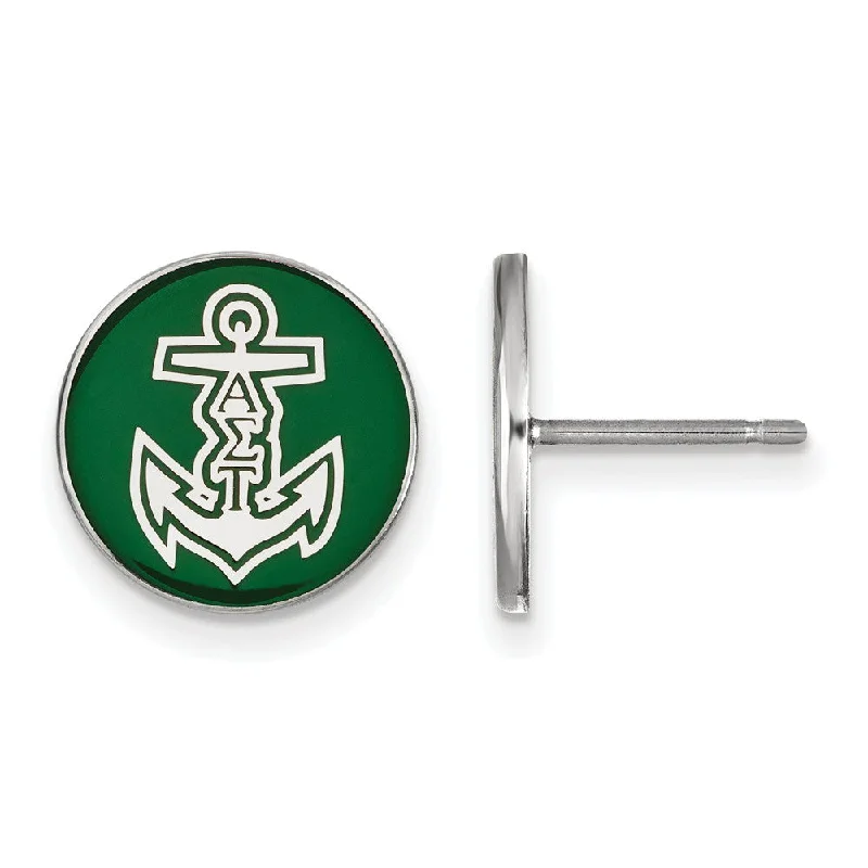 Ladies earrings e-commerce store finds-Sterling Silver Alpha Sigma Tau Green Enamel Logo Post Earrings