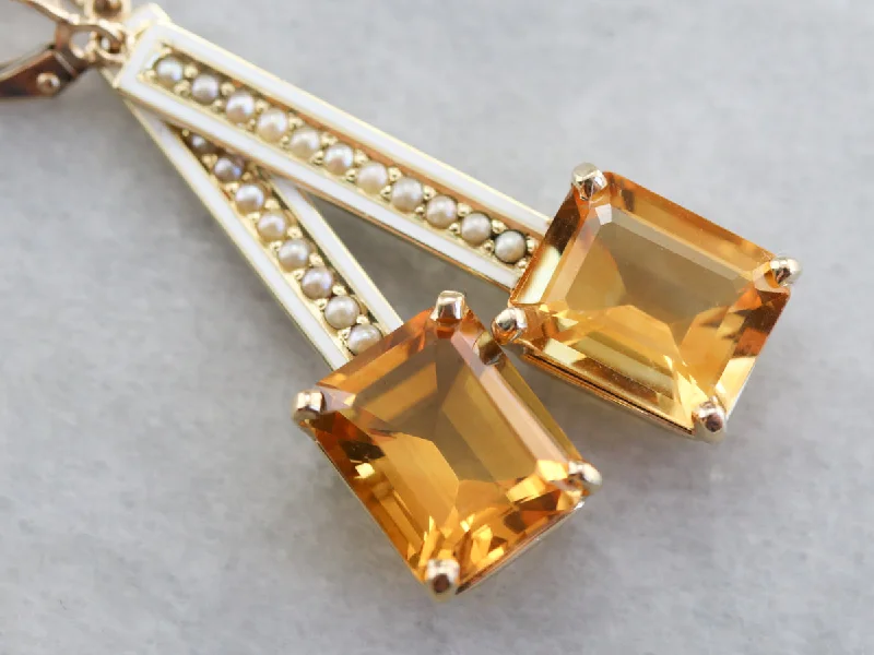 Ladies earrings champagne diamond designs-Enamel Citrine and Seed Pearl Drop Earrings