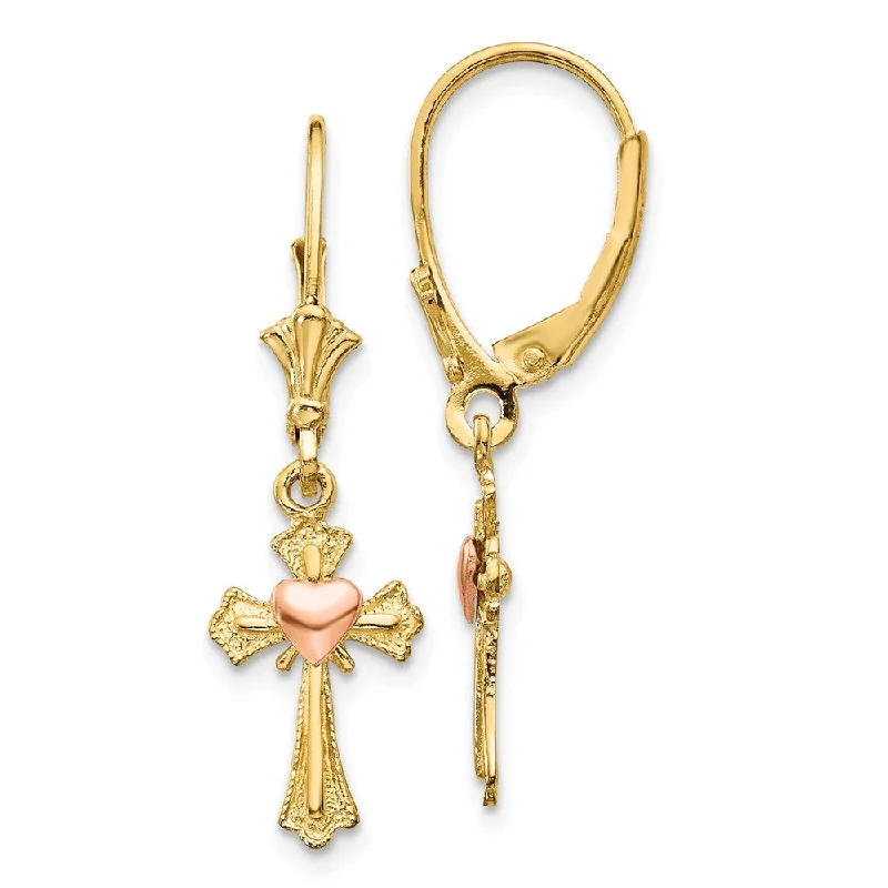 Ladies earrings white diamond styles-14mm Heart on Cross Lever Back Earrings in 14k Yellow and Rose Gold