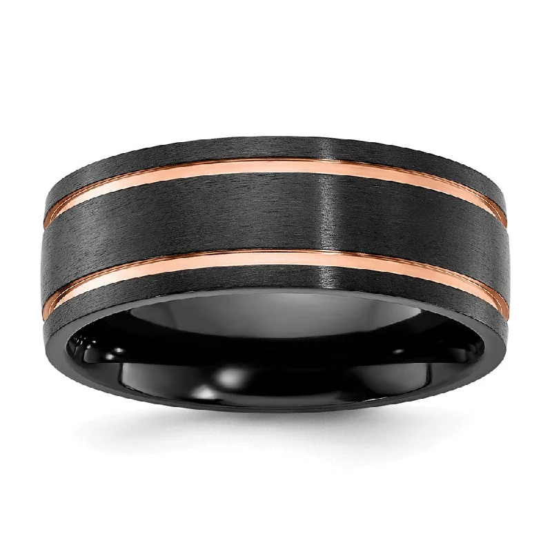 Ladies rings adjustable size options-8mm Black Zirconium & Rose Tone Plated Grooved Standard Fit Band