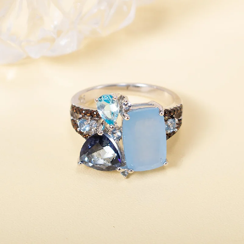 Ladies rings comfort curve styles-Aqua Blue Chalcedony Crystal Ring