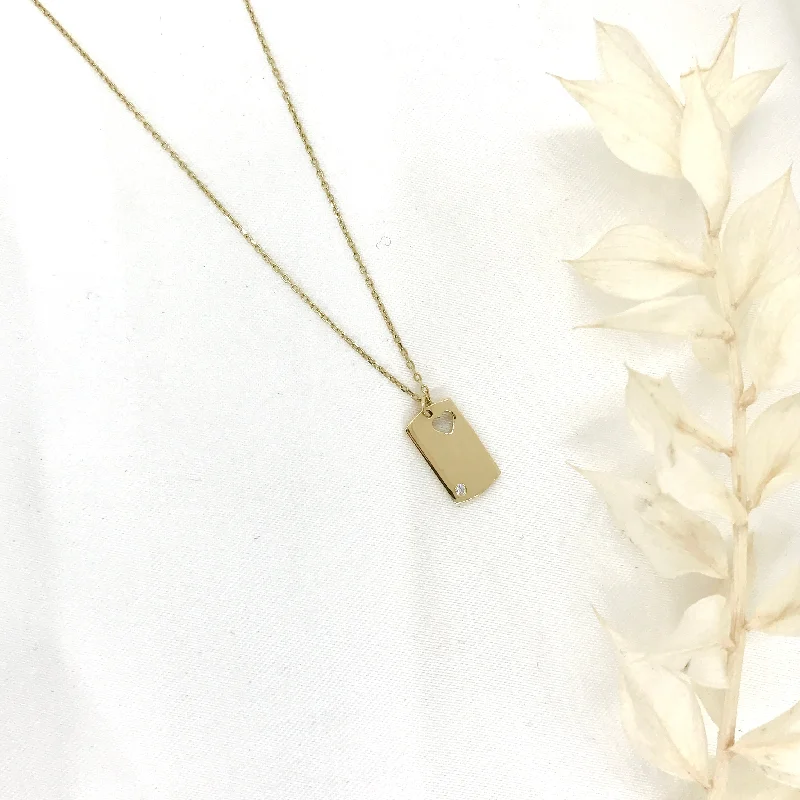 Ladies necklaces rose gold finishes-10k Yellow Gold Dog Tag with Heart-Cut out and CZ Necklace