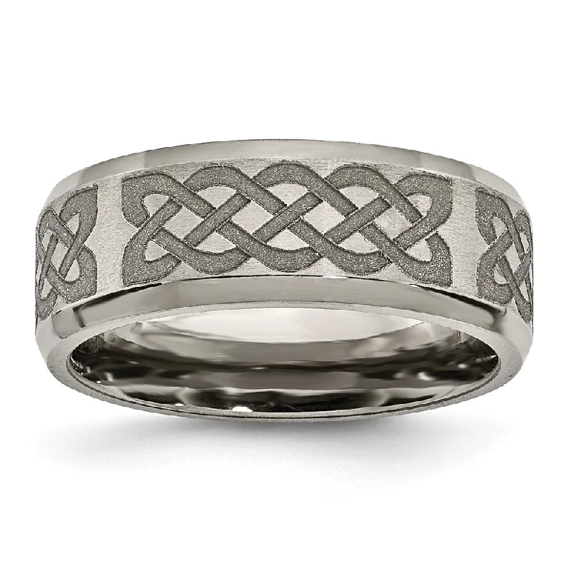 Ladies rings physical store locations-8mm Titanium Celtic Laser Etched Design Beveled Standard Fit Band