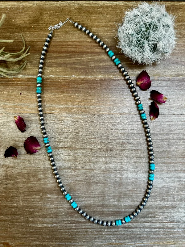 Ladies necklaces standout unique styles-23 Inch 6 mm Sterling Silver Pearls necklace with turquoise rondelle - Blue