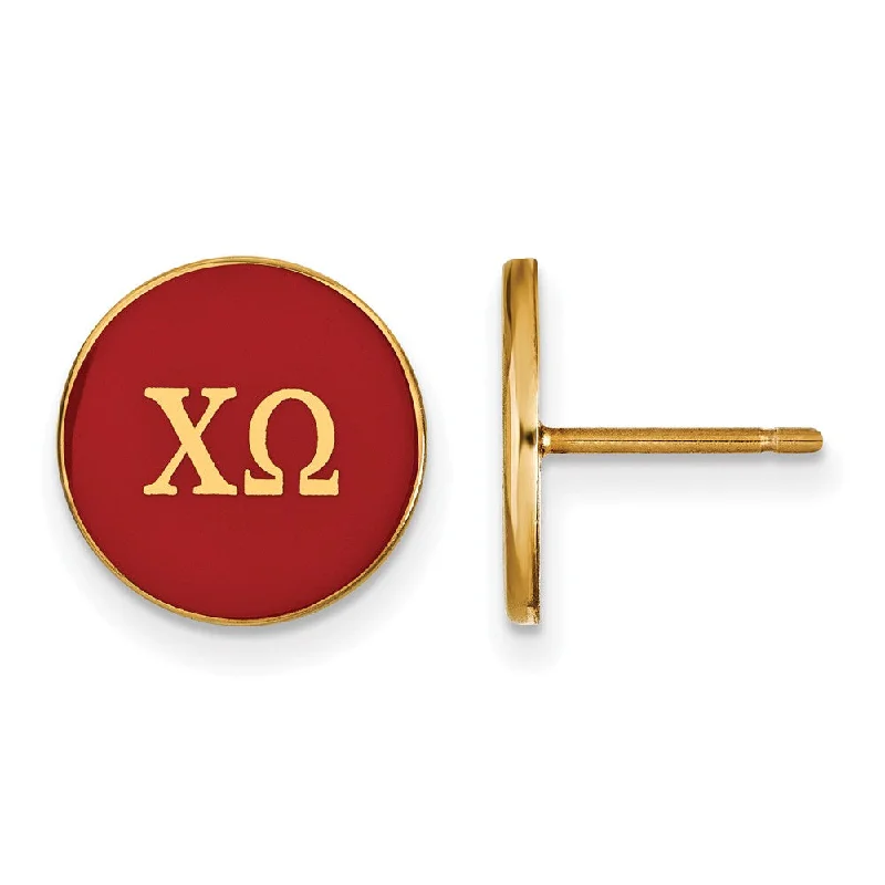 Ladies earrings delicate outline styles-14K Plated Silver Chi Omega Red Enamel Greek Letters Post Earrings