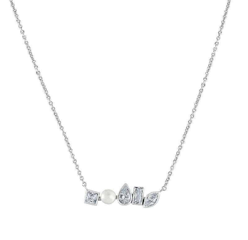 Ladies necklaces metallic sheen styles-Sterling Silver Pearl Cubic Zirconia Pendant Necklace