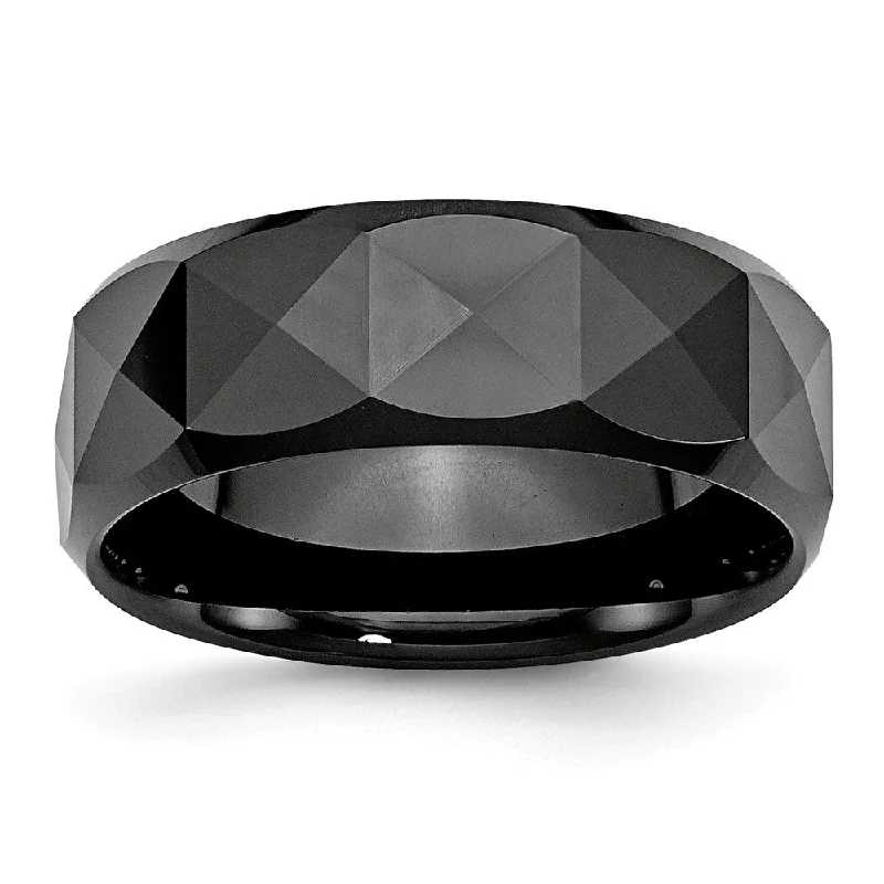 Ladies rings ethnic pattern designs-Black Ceramic, 8mm Faceted Polished Comfort Fit Band