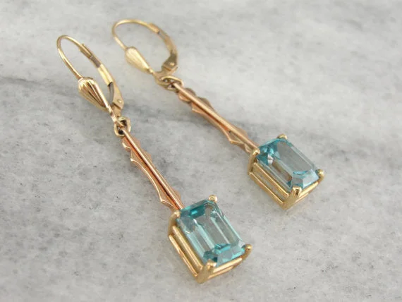 Ladies earrings bohemian flair earrings-Emerald Cut Blue Zircon Gold Bar Drop Earrings