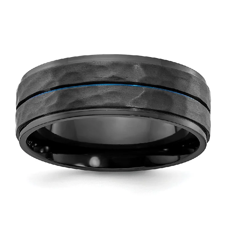 Ladies rings turquoise detail designs-8mm Black Zirconium & Blue Plated Brushed & Hammered Band