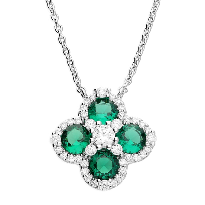 Ladies necklaces smooth surface necklaces-Sterling Silver Cubic Zirconia Green White Clover Necklace