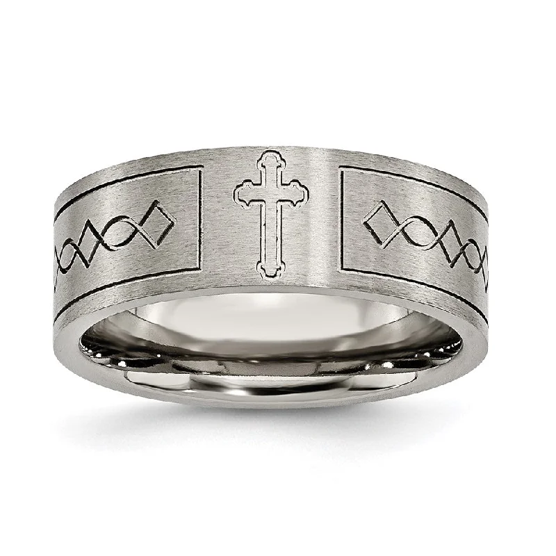 Ladies rings pastel tone styles-8mm Titanium Brushed Cross Design Flat Standard Fit Band