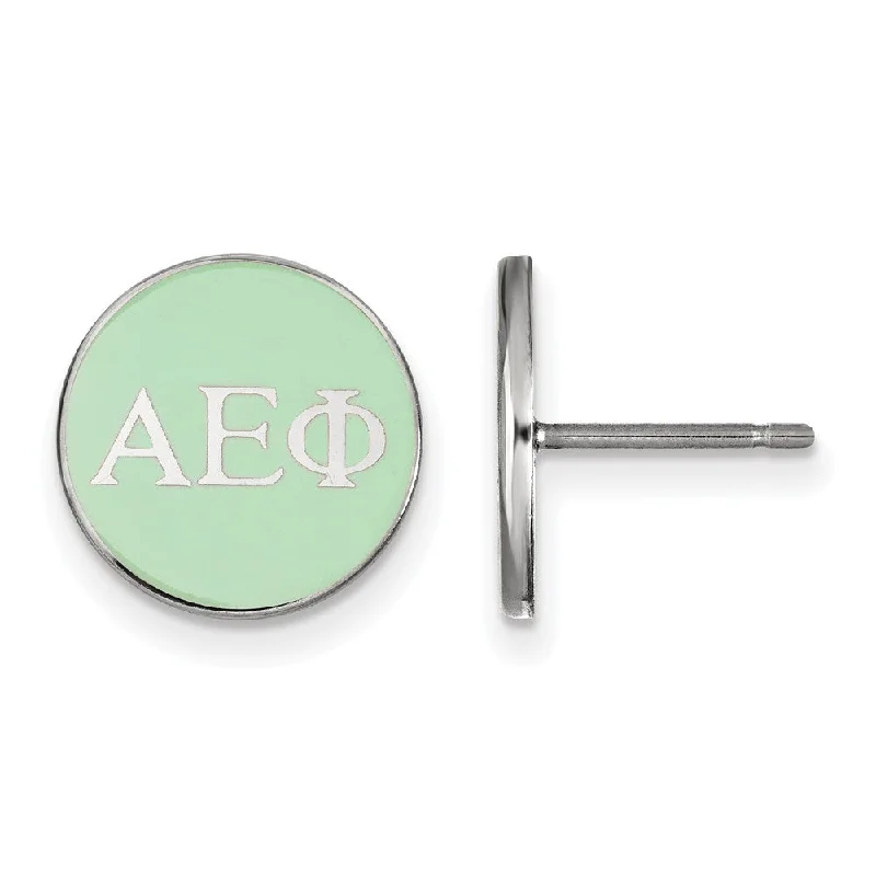 Ladies earrings gold-plated finishes-Sterling Silver Alpha Epsilon Phi Green Enamel Disc Post Earrings