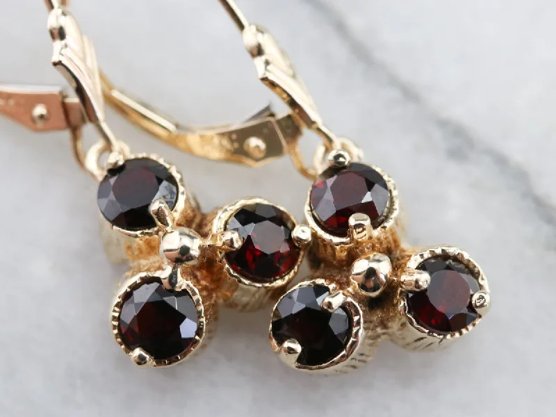 Ladies earrings brilliant cut designs-Floral Gold and Garnet Drop Earrings