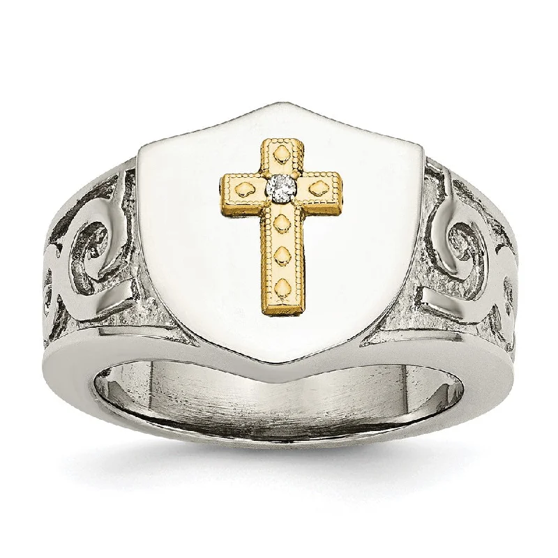 Ladies rings turquoise detail designs-14mm Stainless Steel 10KYG Plated Cross & .02ct Diamond Tapered Ring