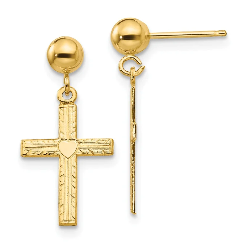 Ladies earrings Thanksgiving gift styles-13mm Heart Cross Dangle Post Earrings in 14k Yellow Gold