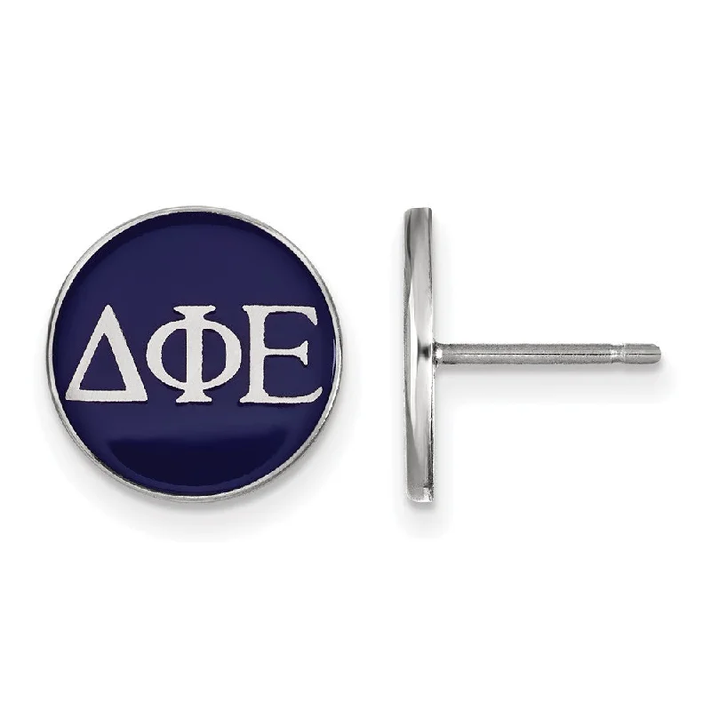 Ladies earrings pave set styles-Sterling Silver Delta Phi Epsilon Blue Enamel Greek Post Earrings