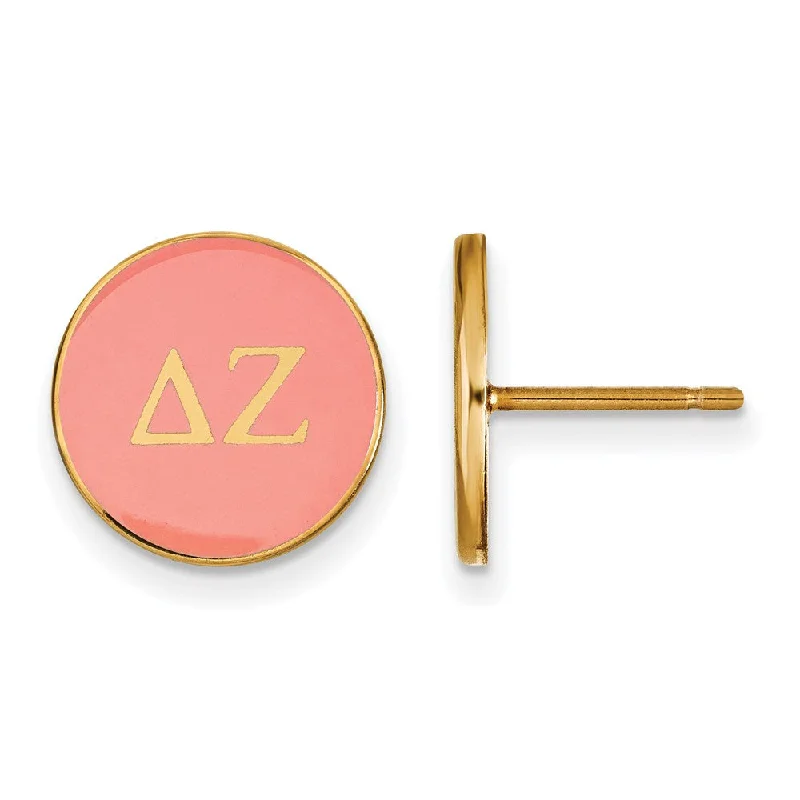 Ladies earrings contemporary classic designs-14K Plated Silver Delta Zeta Pink Enamel Disc Post Earrings