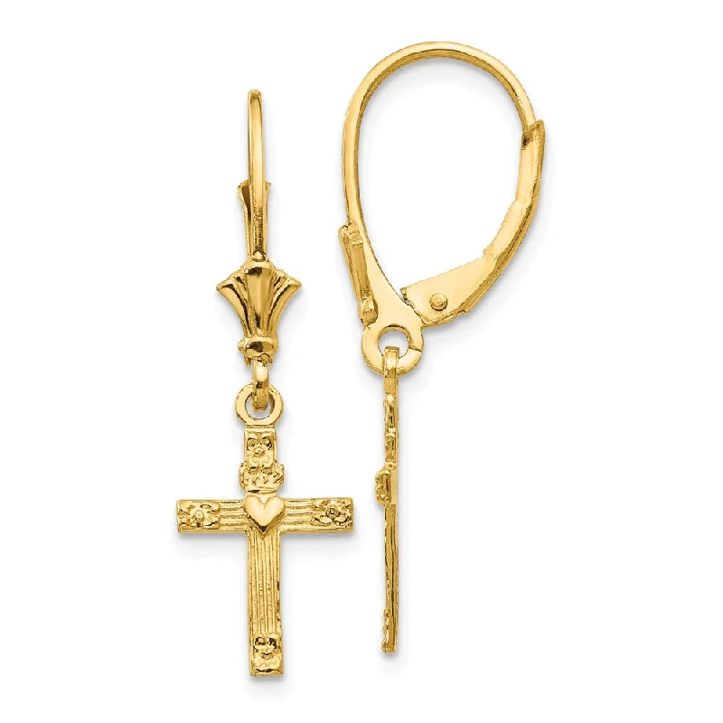 Ladies earrings layered drop designs-13mm Textured Cross with Heart Lever Back Earrings in 14k Yellow Gold